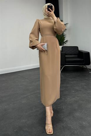 Karen Balon Kol Beli Taşlı Abiye Sütlü Kahve
