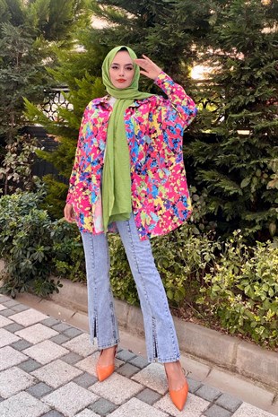 Karışık Desenli Saten Düğmeli Tunik Fuşya