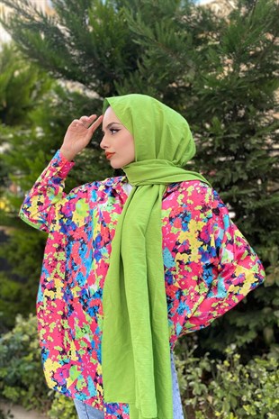 Karışık Desenli Saten Düğmeli Tunik Fuşya