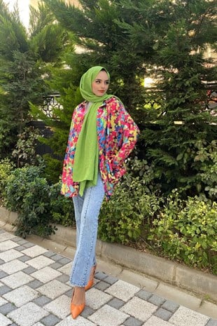 Karışık Desenli Saten Düğmeli Tunik Fuşya