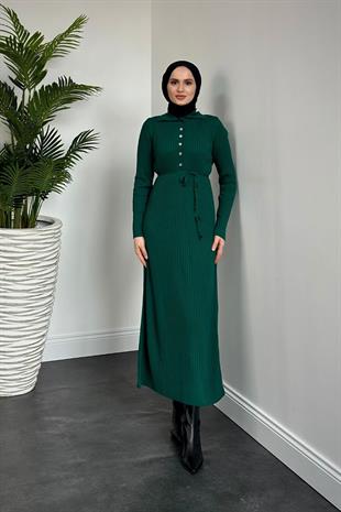 Karunika Düğmeli Seyyar Kuşak Triko Elbise Zümrüt
