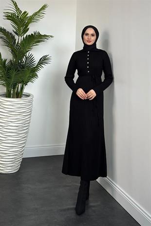 Karunika Düğmeli Seyyar Kuşak Triko Elbise Siyah