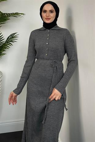 Karunika Düğmeli Seyyar Kuşak Triko Elbise Füme