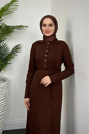 Karunika Düğmeli Seyyar Kuşak Triko Elbise Kahverengi