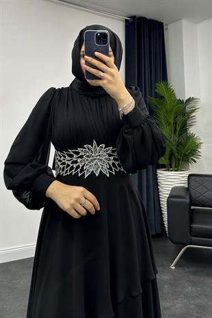 Kat Kat Taş İşlemeli Abiye Siyah