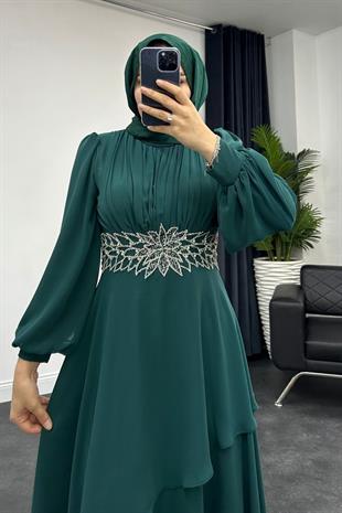 Kat Kat Taş İşlemeli Abiye Zümrüt