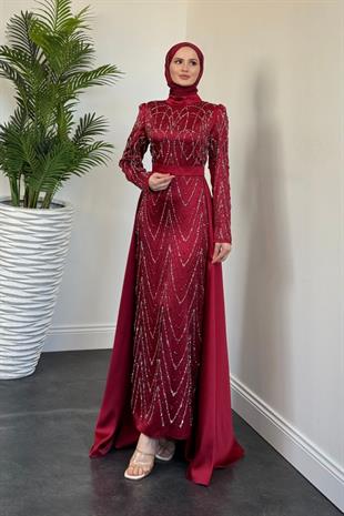 Katy Pelerinli Simli Abiye Bordo