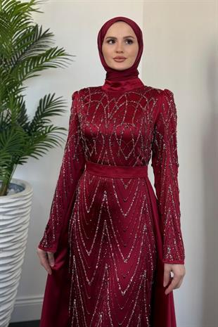 Katy Pelerinli Simli Abiye Bordo