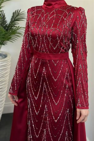 Katy Pelerinli Simli Abiye Bordo