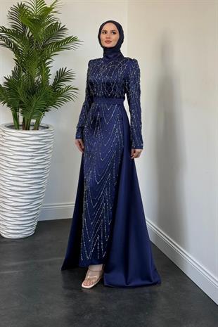 Katy Pelerinli Simli Abiye Lacivert