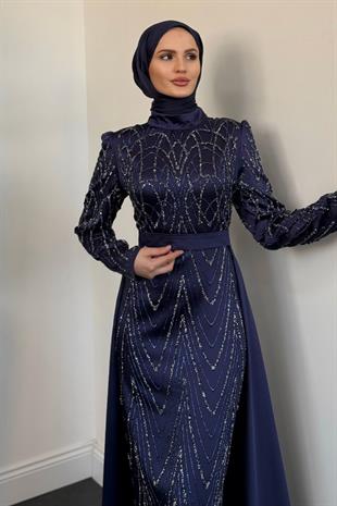 Katy Pelerinli Simli Abiye Lacivert