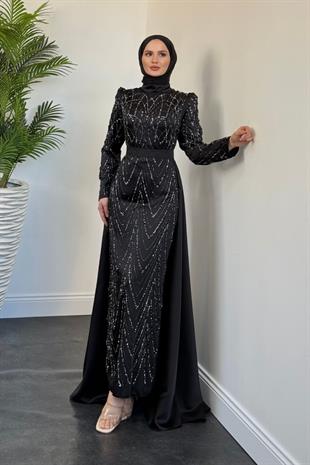 Katy Pelerinli Simli Abiye Siyah