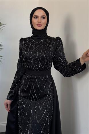 Katy Pelerinli Simli Abiye Siyah