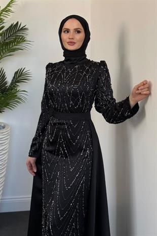 Katy Pelerinli Simli Abiye Siyah