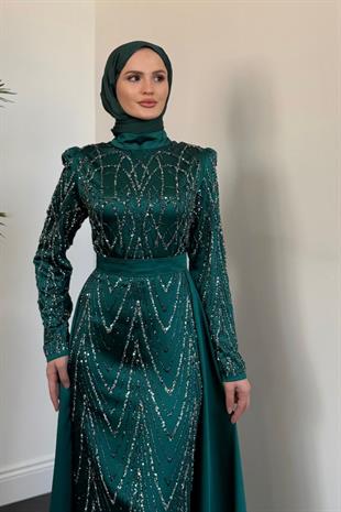 Katy Pelerinli Simli Abiye Zümrüt