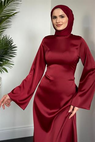 Kayra Arkadan Büzgülü Saten Abiye Bordo