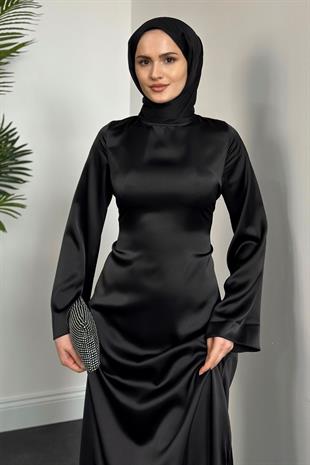 Kayra Arkadan Büzgülü Saten Abiye Siyah