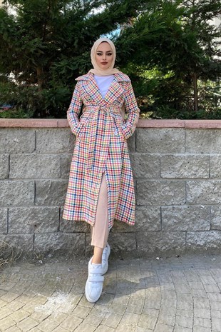 Kaz Ayağı Desenli Kaban Krem