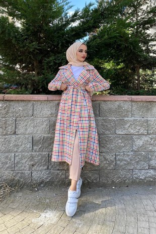 Kaz Ayağı Desenli Kaban Krem