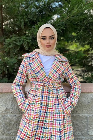 Kaz Ayağı Desenli Kaban Krem