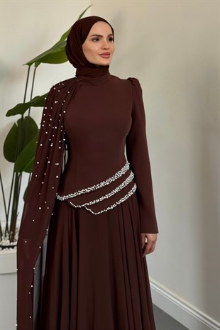 Kelly Pelerini İncili Abiye Kahverengi