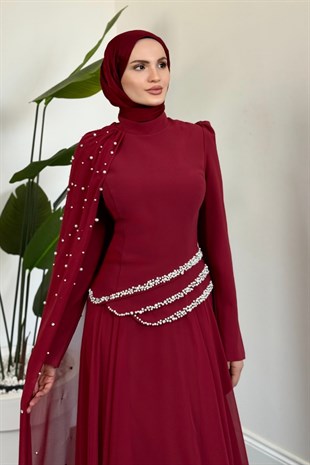 Kelly Pelerini İncili Abiye Kırmızı