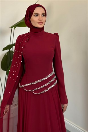 Kelly Pelerini İncili Abiye Kırmızı