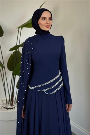Kelly Pelerini İncili Abiye Lacivert