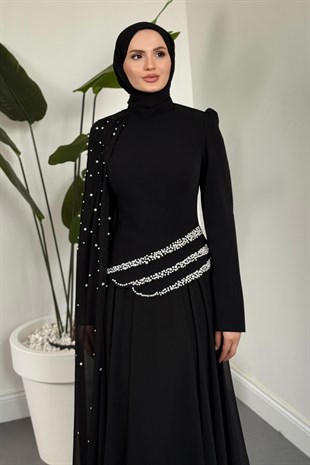 Kelly Pelerini İncili Abiye Siyah