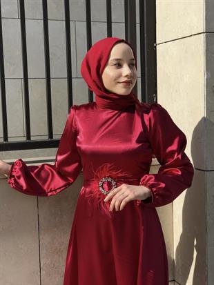 Kemeri Tüylü Saten Abiye Bordo