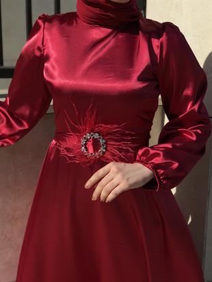 Kemeri Tüylü Saten Abiye Bordo