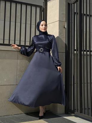 Kemeri Tüylü Saten Abiye Lacivert