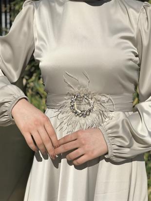 Kemeri Tüylü Saten Abiye Taş