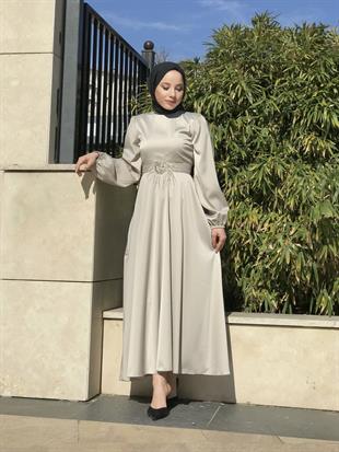 Kemeri Tüylü Saten Abiye Taş