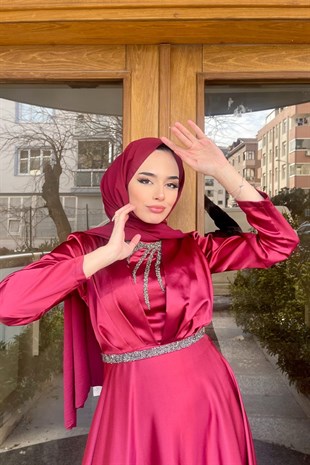 Kemeri Ve Önü Taşlı Tasarım Abiye Bordo