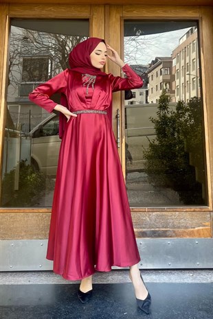 Kemeri Ve Önü Taşlı Tasarım Abiye Bordo
