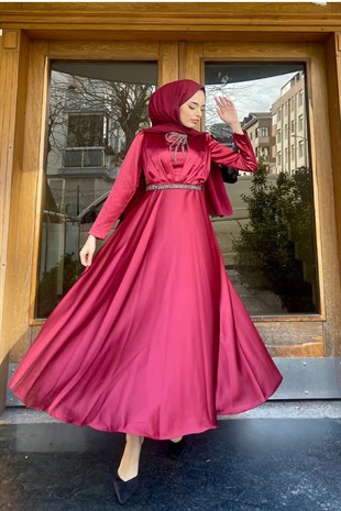 Kemeri Ve Önü Taşlı Tasarım Abiye Bordo