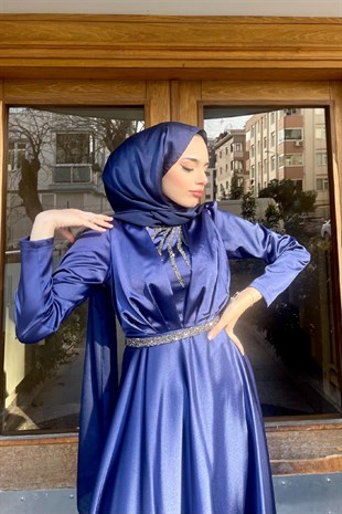 Kemeri Ve Önü Taşlı Tasarım Abiye Lacivert