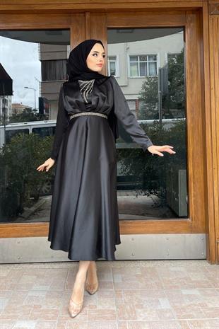 Kemeri Ve Önü Taşlı Tasarım Abiye Siyah