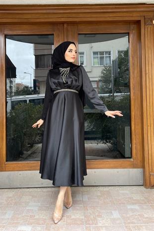 Kemeri Ve Önü Taşlı Tasarım Abiye Siyah