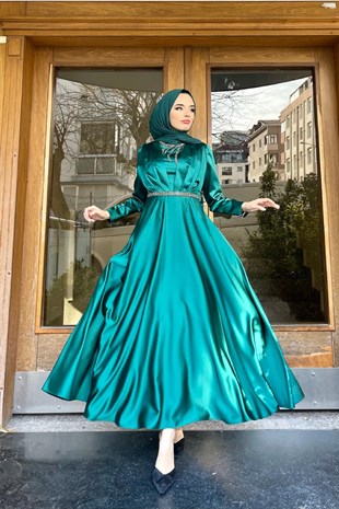 Kemeri Ve Önü Taşlı Tasarım Abiye Yeşil