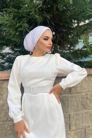 Kemerli Kalem Tesettür Elbise Beyaz