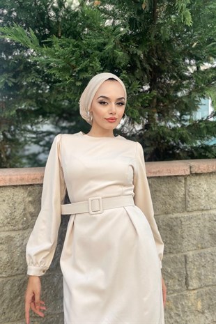 Kemerli Kalem Tesettür Elbise Taş