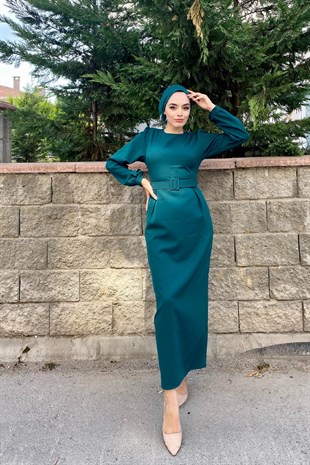 Kemerli Kalem Tesettür Elbise Zümrüt