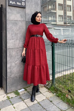 Kemerli Kolu Lastikli Elbise Kırmızı
