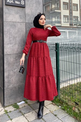 Kemerli Kolu Lastikli Elbise Kırmızı