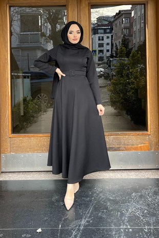 Kemerli Mevlane Elbise Siyah
