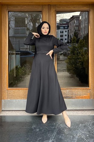 Kemerli Mevlane Elbise Siyah