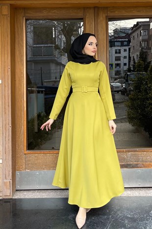 Kemerli Mevlane Elbise YağYeşili