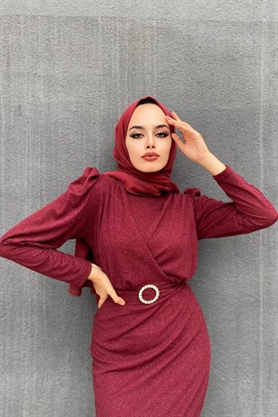 Kemerli Simli Abiye Bordo